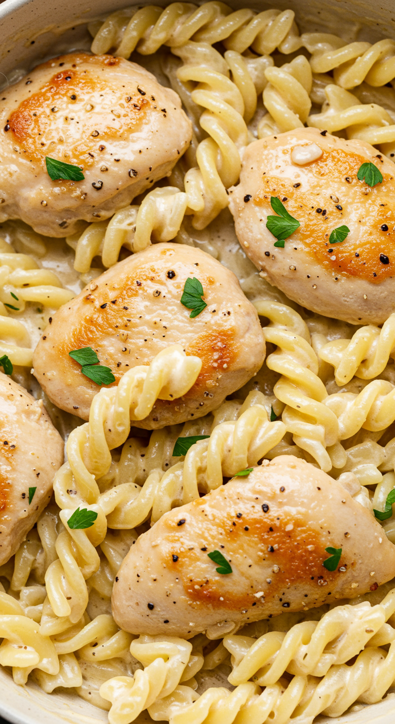 Creamy Garlic Butter Chicken & Rotini in Parmesan Sauce