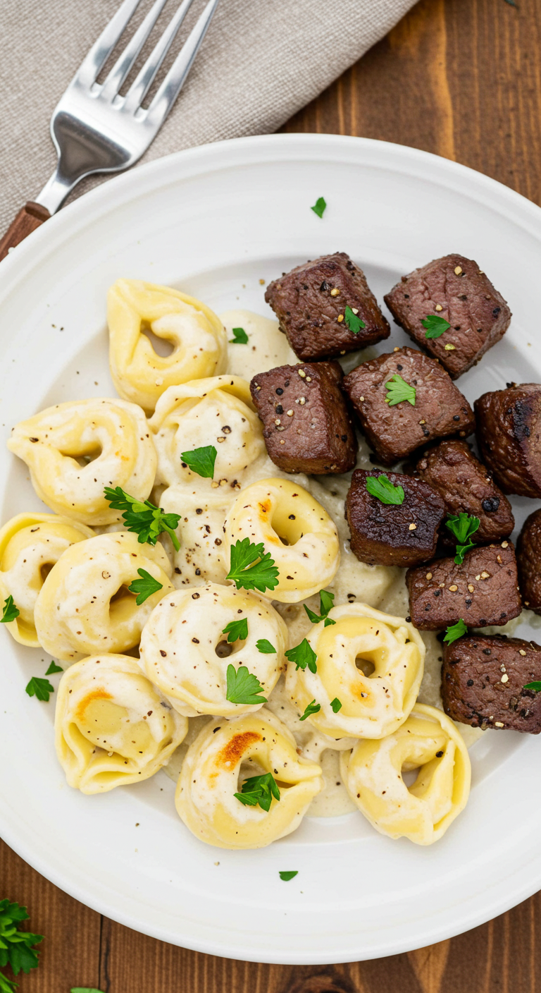 Garlic Butter Steak Bites & Creamy Alfredo Tortellini