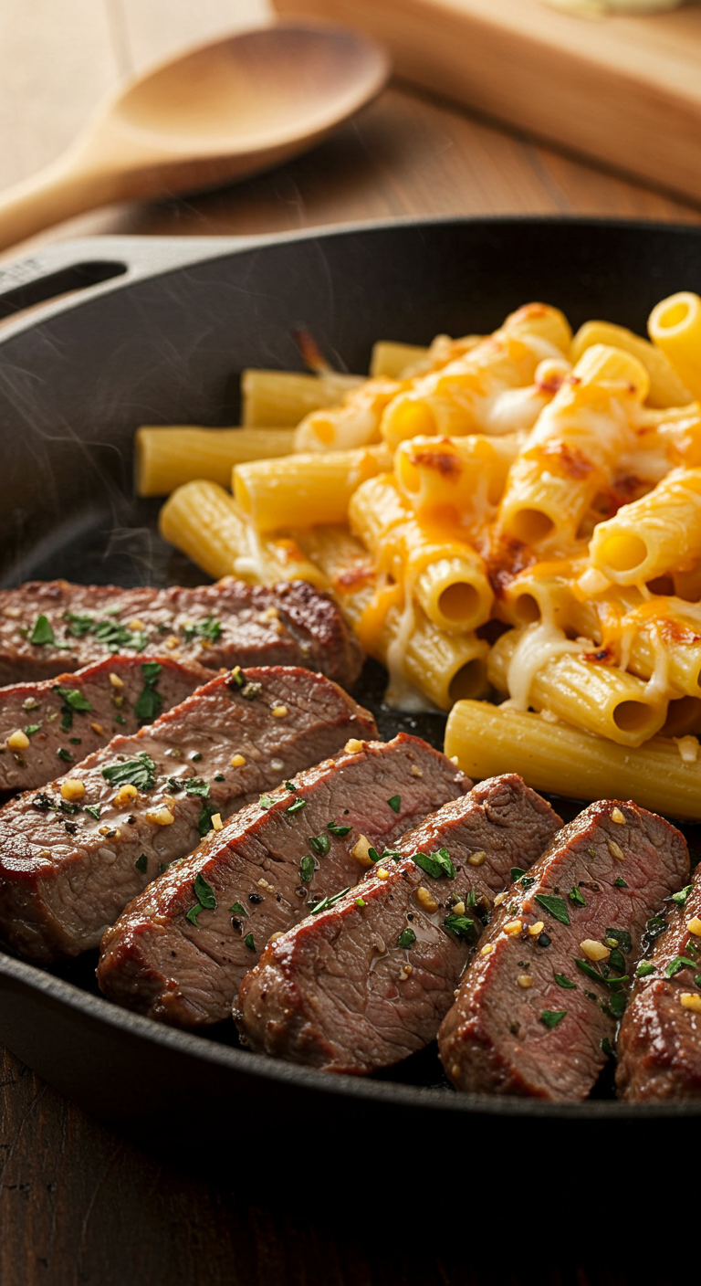 Garlic Butter Steak Tips with Cheesy Rigatoni