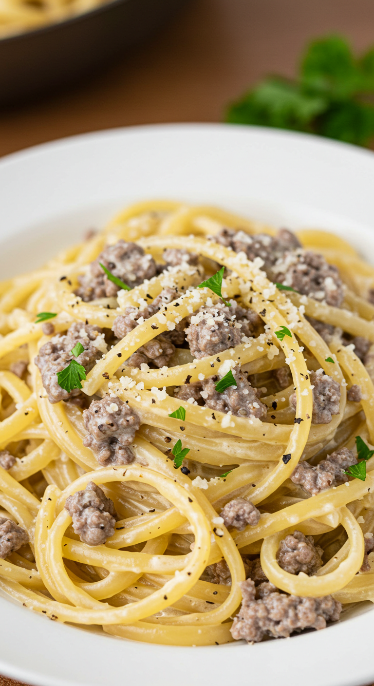 One-Pot Creamy Beef and Garlic Butter Pasta