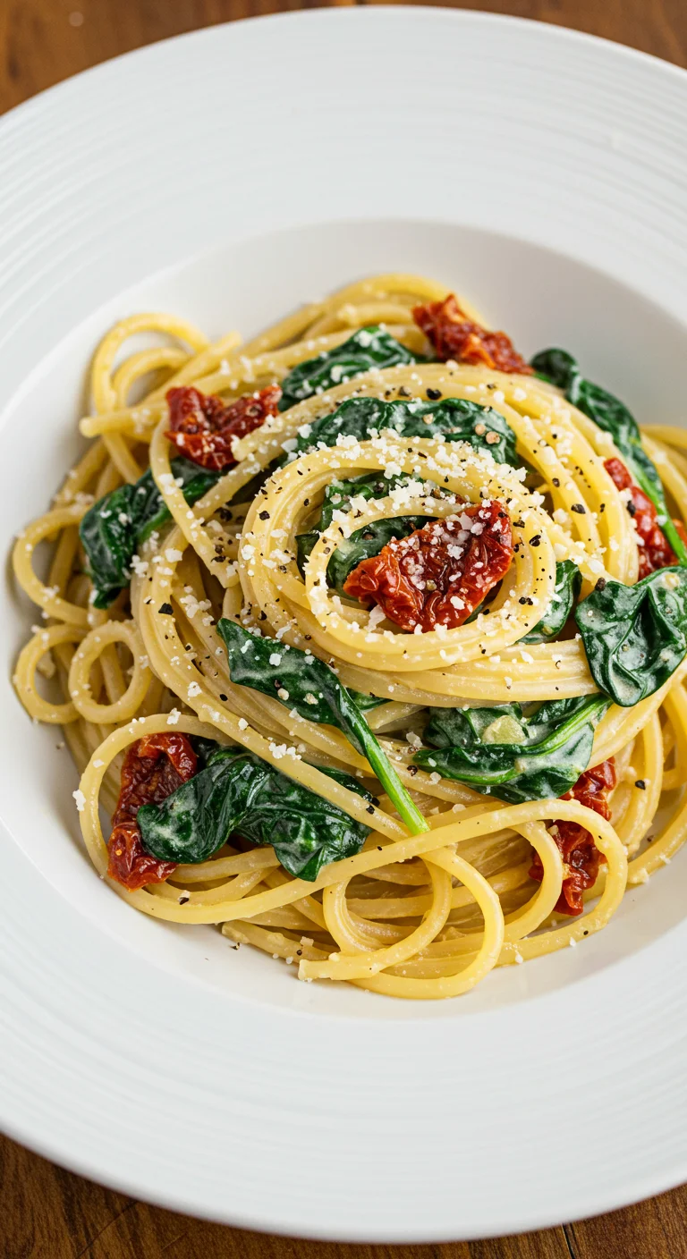 Spaghetti with Spinach and Sun Dried Tomato Cream Sauce