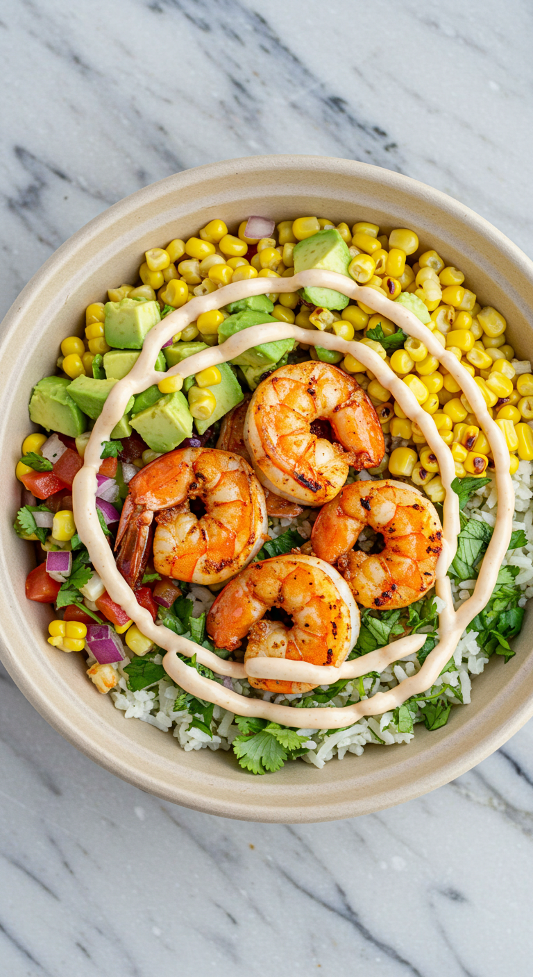 Yummy Grilled Shrimp Bowl with Avocado Corn Salsa & Creamy Sauce