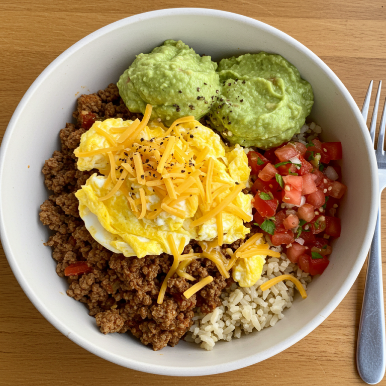 Beef Cheddar Egg & Guac Power Bowl