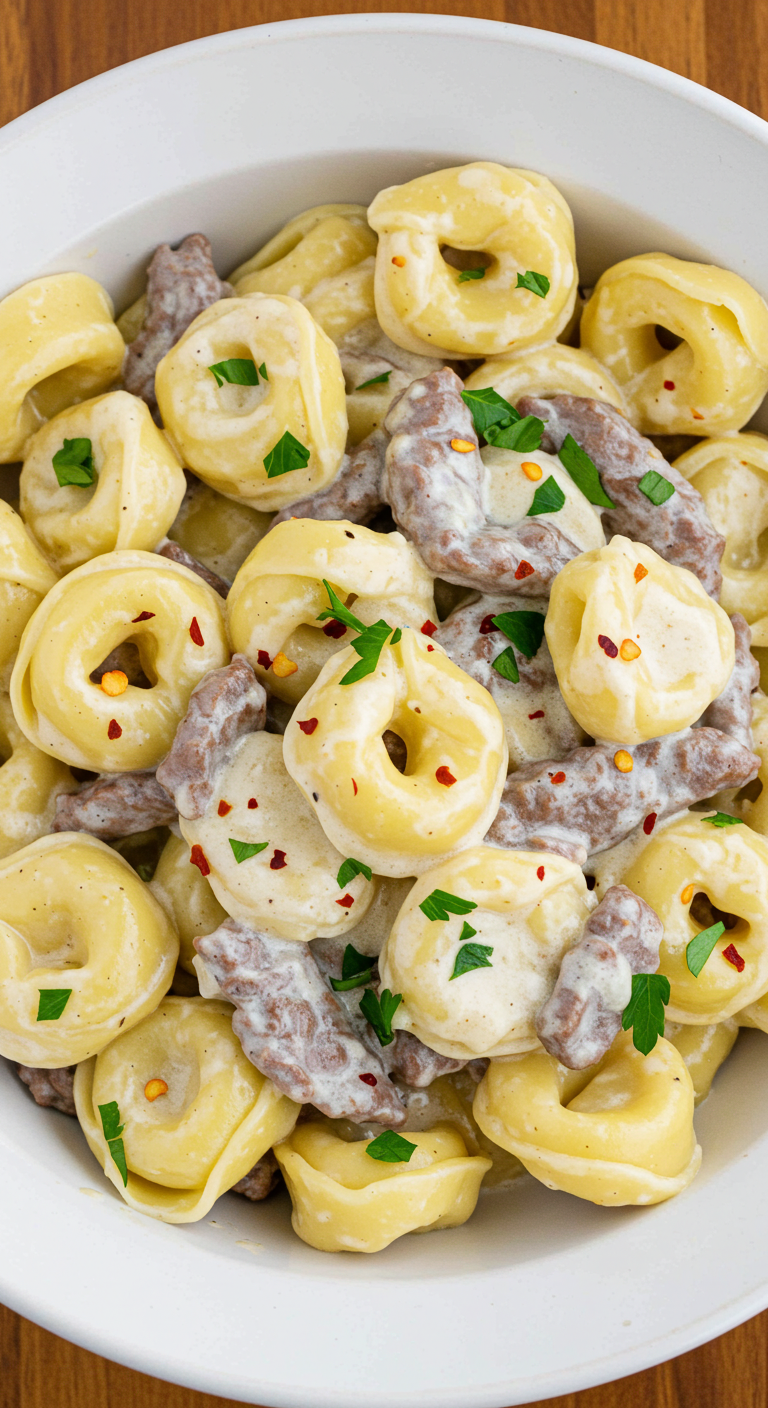 Cheesesteak Tortellini in Rich Provolone Sauce