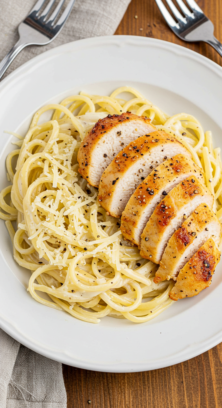 Creamy Garlic Butter Chicken & Linguine in Alfredo Sauce