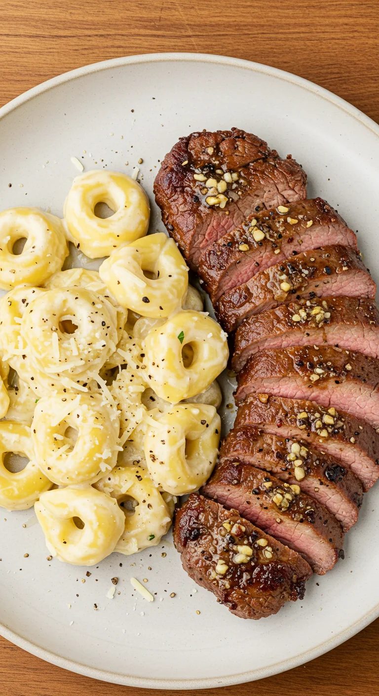 Garlic Butter Steak with Cheesy Alfredo Tortellini