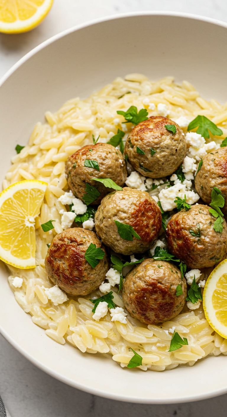 Herby Greek Meatballs Lemon Orzo