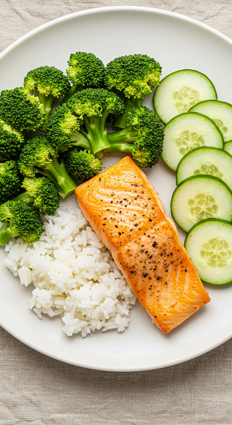 Salmon Broccoli Rice Cucumber Plate