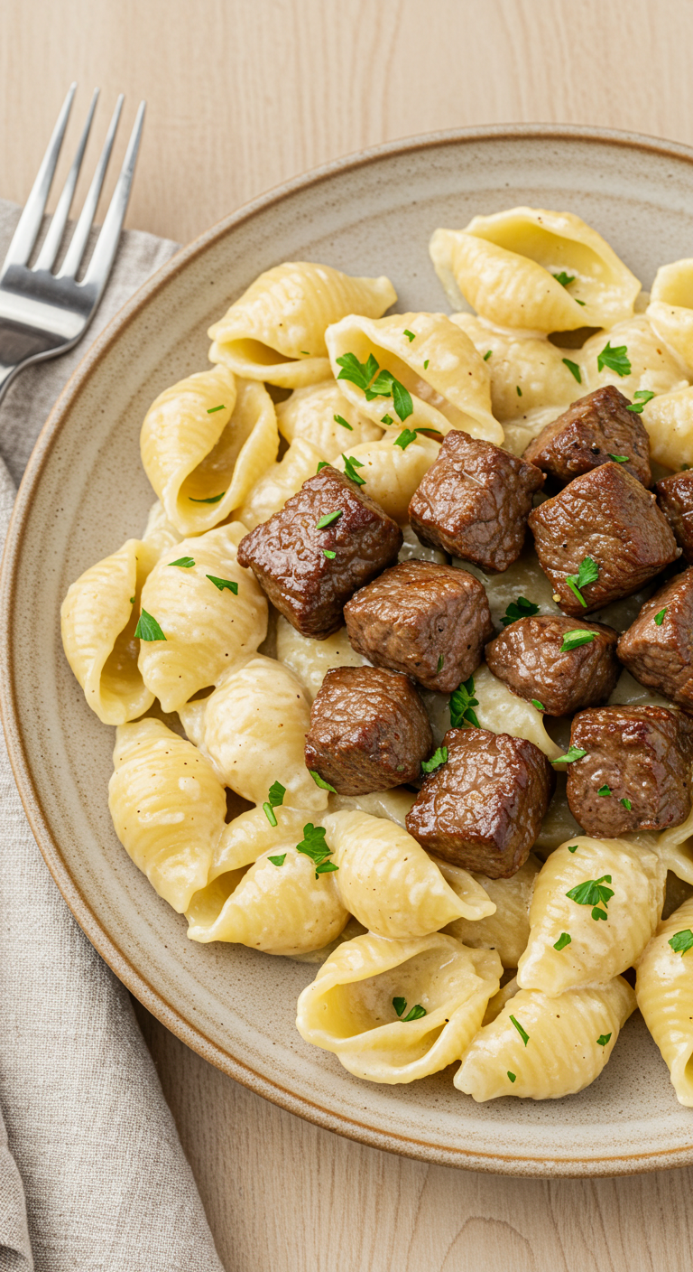 Steak Bites and Shell Pasta in Garlic Butter Alfredo Sauce