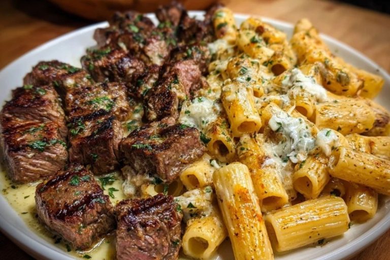 Cheesy Garlic Butter Steak with Rigatoni in Four-Cheese Sauce