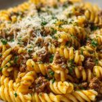 Cheesy Rotini Pasta with Garlic Butter Sauce and Ground Beef