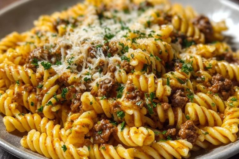Cheesy Rotini Pasta with Garlic Butter Sauce and Ground Beef