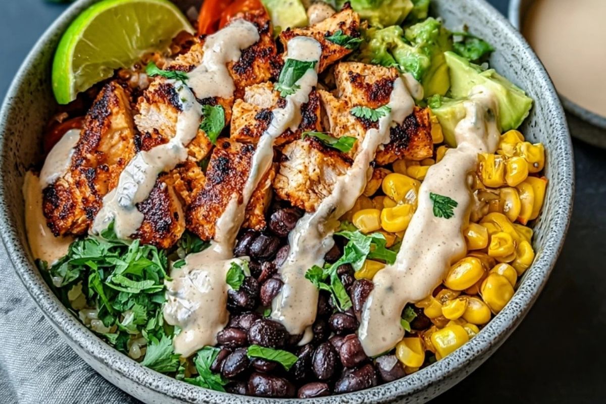 Chipotle Chicken Bowl with Black Beans, Corn, & Creamy Sauce