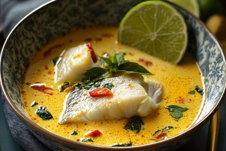 Coconut Lime Poached Fish Soup with a Creamy Finish