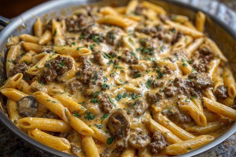 Creamy Velveeta Beef Stroganoff and Penne Pasta