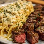 Garlic Butter Steak with Cheesy Linguine in Four-Cheese Sauce