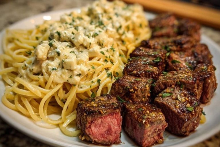 Garlic Butter Steak with Cheesy Linguine in Four-Cheese Sauce