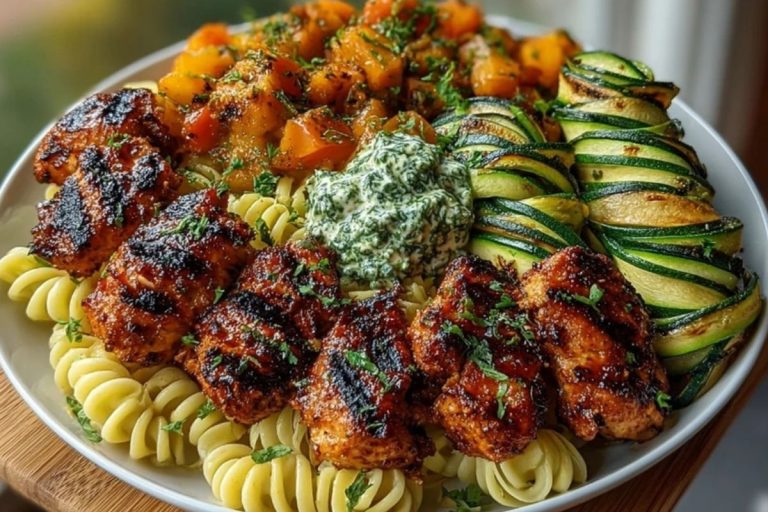 Garlic Chili Oil Chicken Bites & Cajun Alfredo with Charred Zucchini Twists