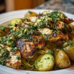 Greek Chicken Alfredo & Garlic Potatoes with Spicy Hot Honey Tahini Pesto