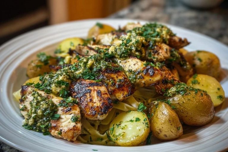 Greek Chicken Alfredo & Garlic Potatoes with Spicy Hot Honey Tahini Pesto