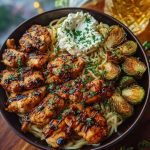 Hot Honey Balsamic Chicken Alfredo with Whipped Feta & Crispy Brussels Chips