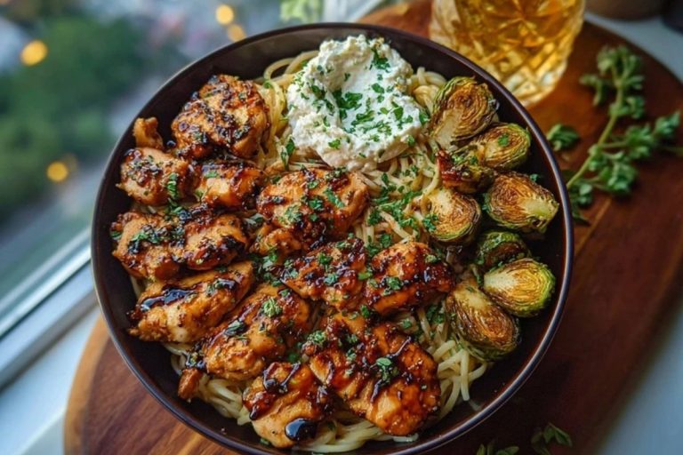 Hot Honey Balsamic Chicken Alfredo with Whipped Feta & Crispy Brussels Chips