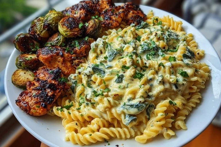 Hot Honey Cajun Chicken Alfredo with Basil Feta Swirl & Crispy Brussels Chips