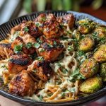 Maple Garlic Chicken Bites with Spicy Cajun Alfredo & Crispy Brussels Twists