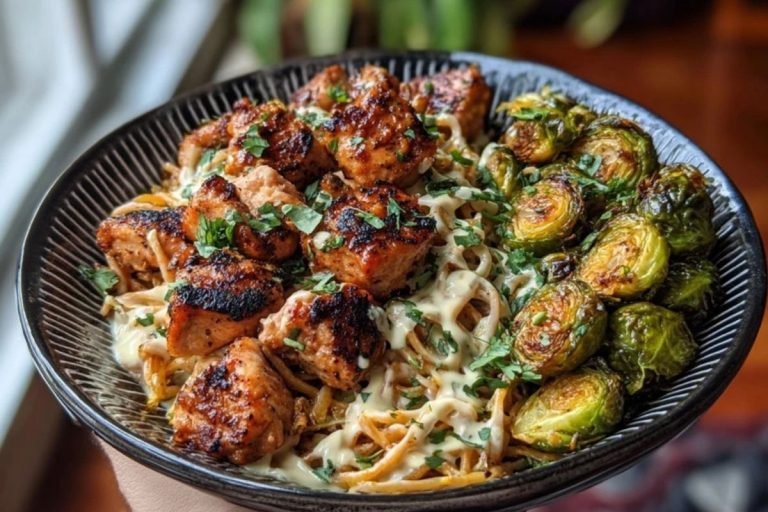Maple Garlic Chicken Bites with Spicy Cajun Alfredo & Crispy Brussels Twists