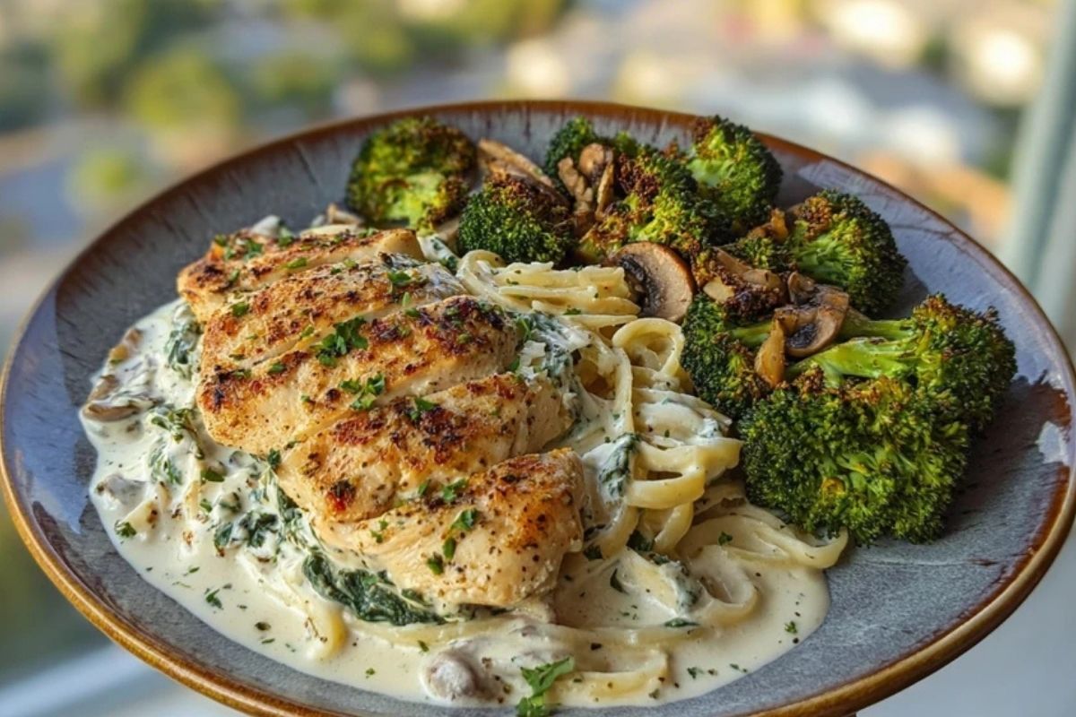 Spinach-Artichoke Greek Chicken Alfredo & Crispy Parmesan Broccoli with Mushroom Basil Cream