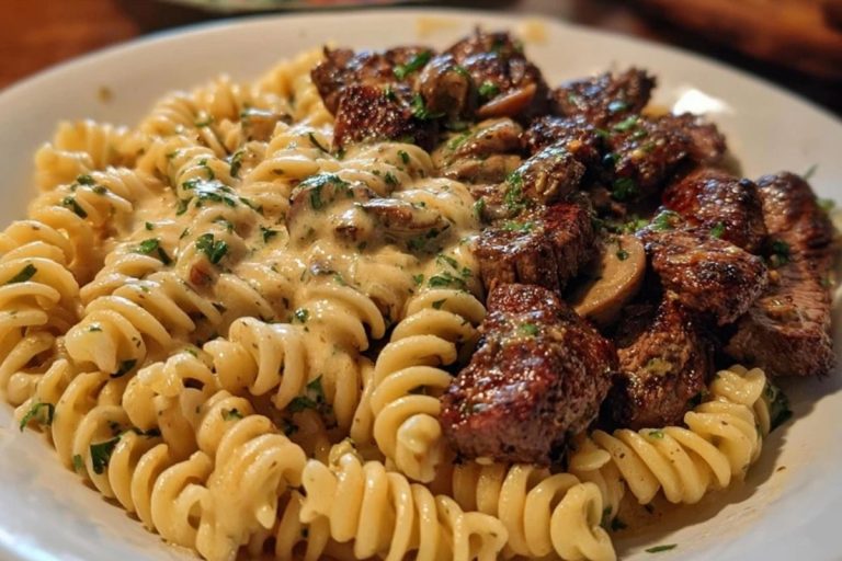 Steak Bites in Garlic Parmesan Sauce over Rotini