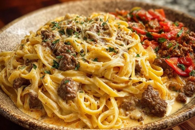 Cajun Beef Linguine in Creamy Velveeta Parmesan Garlic Sauce