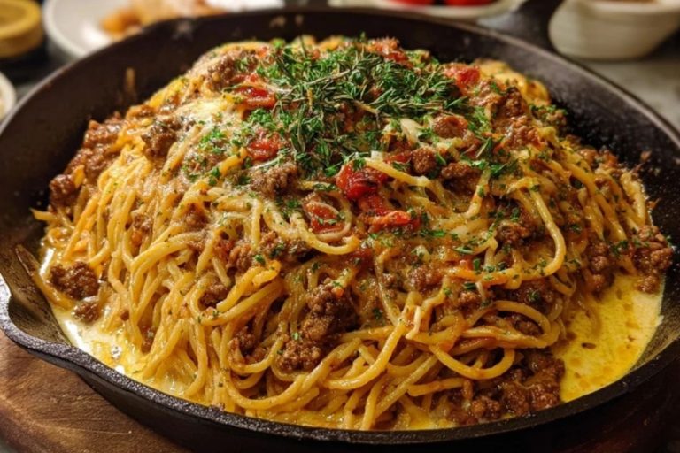 Cajun Beef Spaghetti in Creamy Three-Cheese Parmesan Sauce