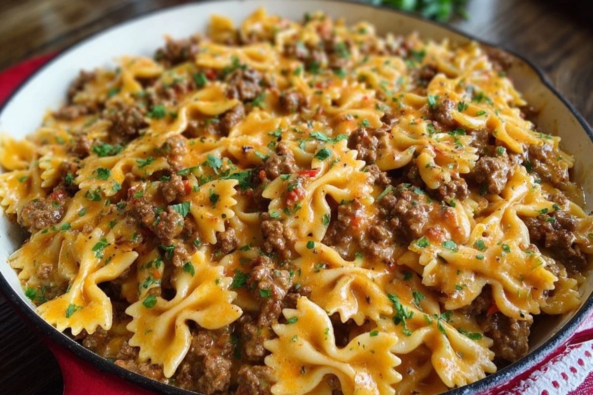 Cajun Cream Cheese Alfredo Bowties with Spiced Ground Beef