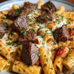 Cajun Garlic Butter Linguine with Tender Beef Strips Rigatoni