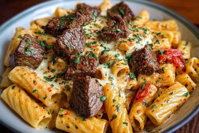 Cajun Garlic Butter Linguine with Tender Beef Strips Rigatoni