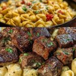 Cajun Steak Bites with Cheesy Garlic Shell Pasta Skillet