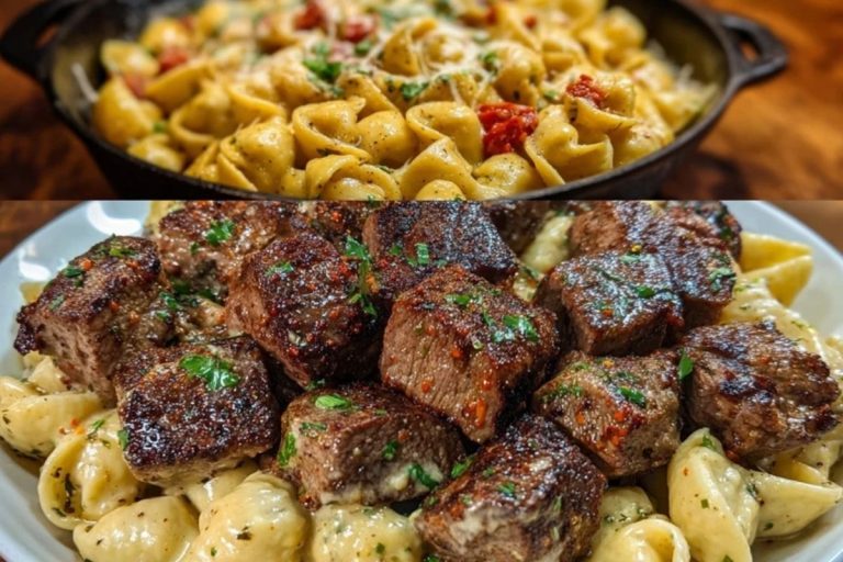 Cajun Steak Bites with Cheesy Garlic Shell Pasta Skillet