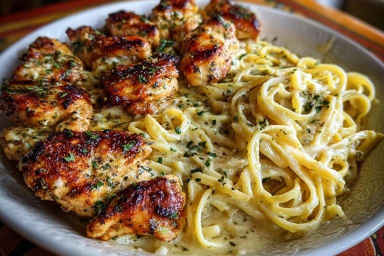 Cheesy Alfredo Linguine with Golden Garlic Butter Chicken in Creamy Sauce