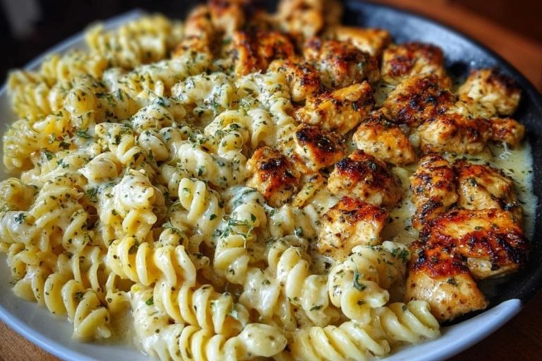 Cheesy Alfredo Twisted Pasta with Golden Garlic Butter Chicken in Creamy Sauce