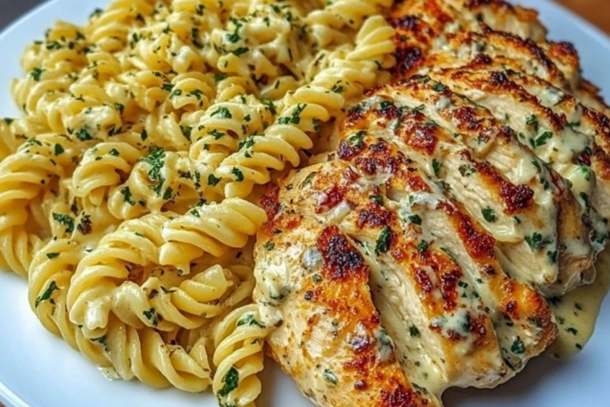 Cheesy Twisted Pasta with Creamy Garlic Parmesan Chicken