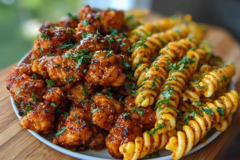 Chili Garlic Butter Chicken Bites with Creamy Cajun Corn Alfredo Twists