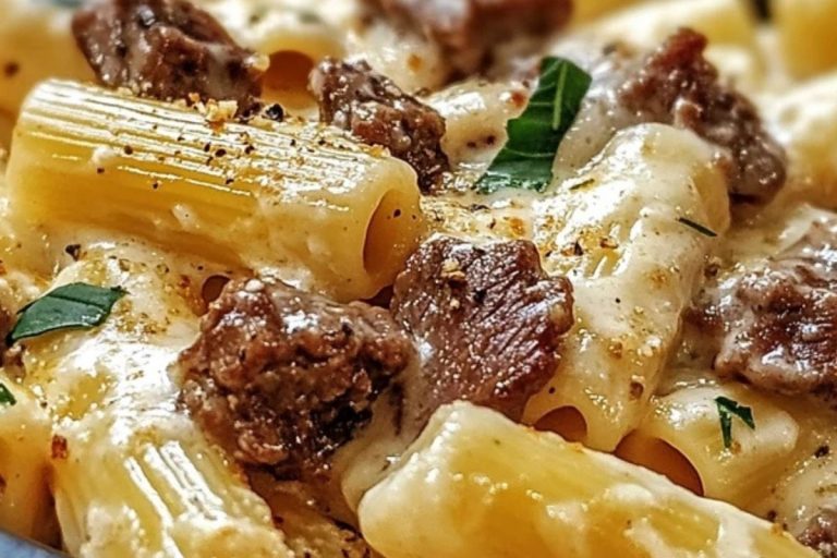 Creamy Cheesy Garlic Butter Rigatoni with Savory Beef