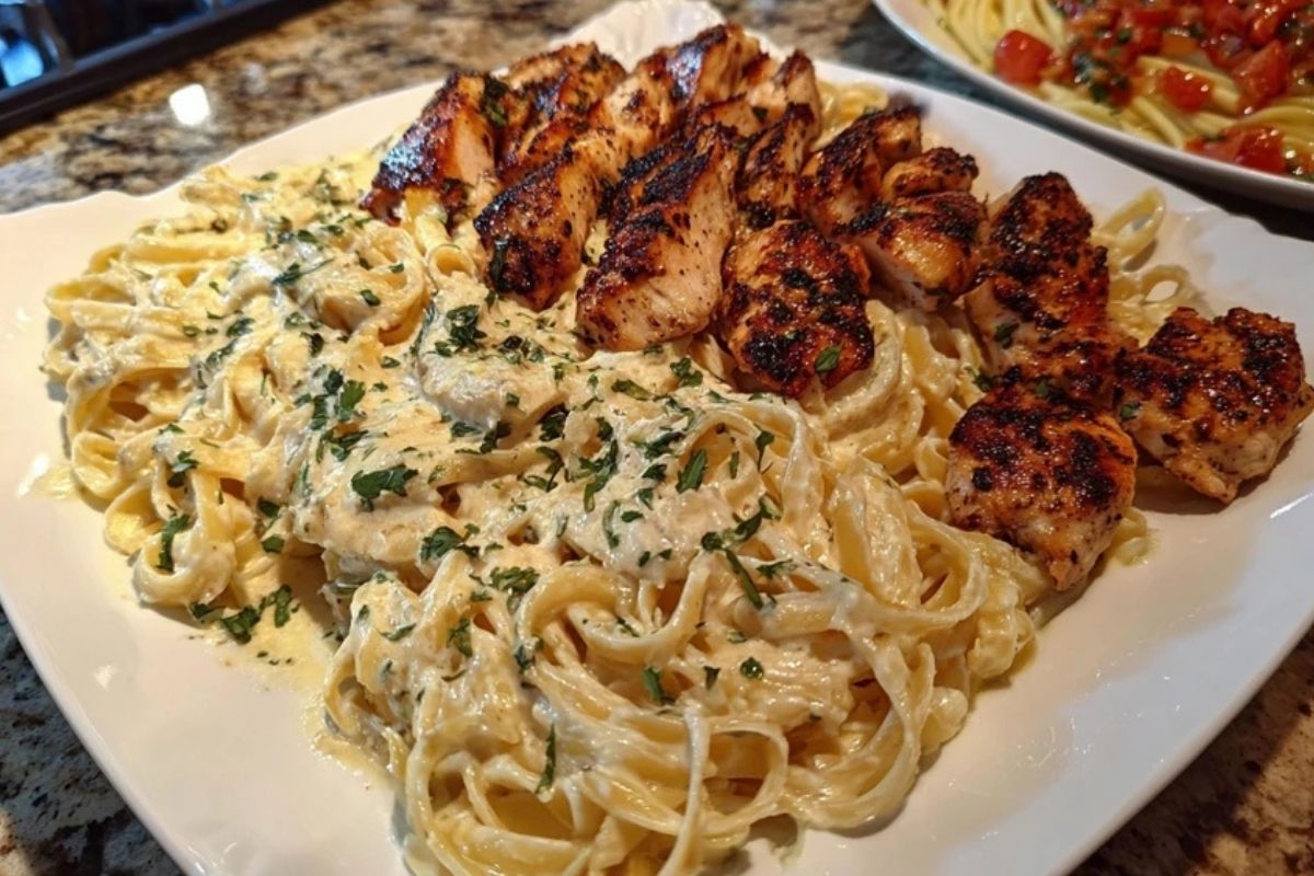 Creamy Garlic Butter Chicken & Linguine in Alfredo Sauce