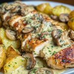 Creamy Garlic Mushroom Alfredo Chicken & Potatoes with Basil Pesto