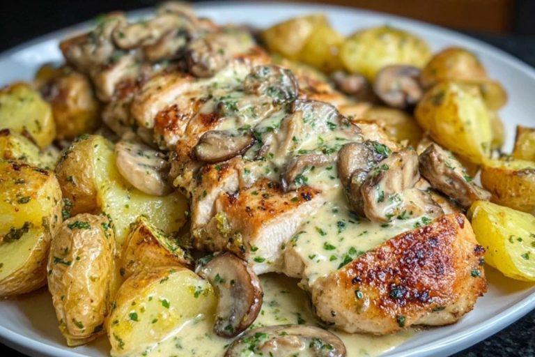 Creamy Garlic Mushroom Alfredo Chicken & Potatoes with Basil Pesto