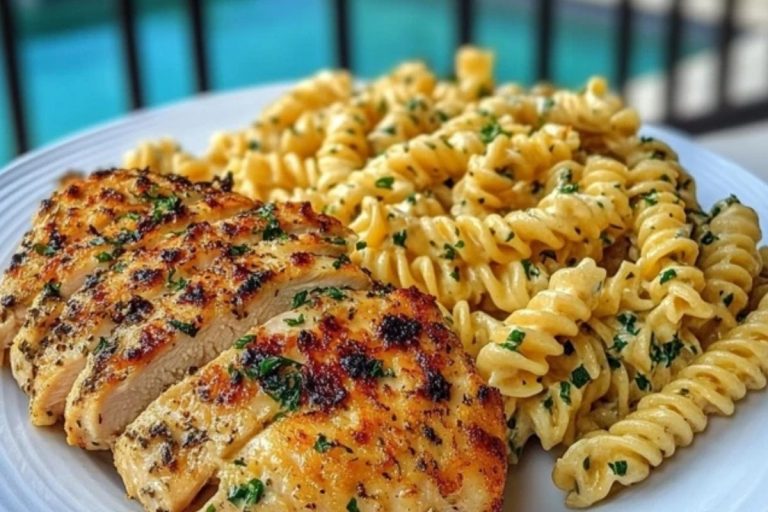 Creamy Garlic Parmesan Chicken with Cheesy Twisted Pasta