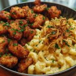 Garlic Butter Chicken Bites & Cajun Alfredo Mac with Crispy Onion Topping