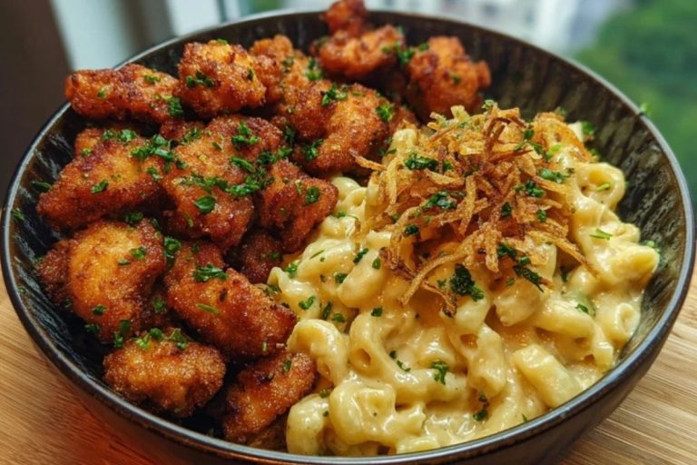 Garlic Butter Chicken Bites & Cajun Alfredo Mac with Crispy Onion Topping