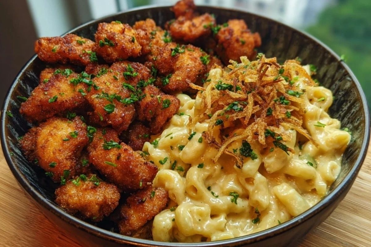 Garlic Butter Chicken Bites & Cajun Alfredo Mac with Crispy Onion Topping